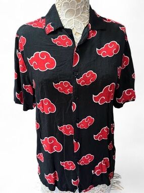 Ripple Junction Naruto Black Button-Down Shirt with Red Cloud Print